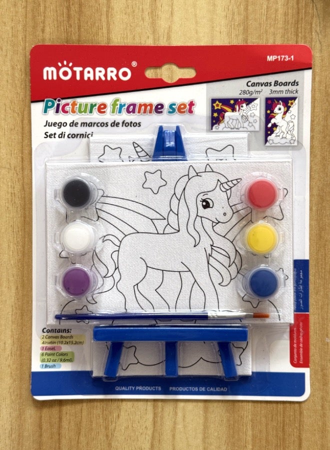 MOTARRO Motarro High-Quality Painting Picture Frame Set – 2 Canvas Boards (10.2cm × 15.2cm) + 1 Easel + 6 Paint Colors + 1 Brush + Gift Motarro Clay (6 Painting colors) - Unicorn - Image 1