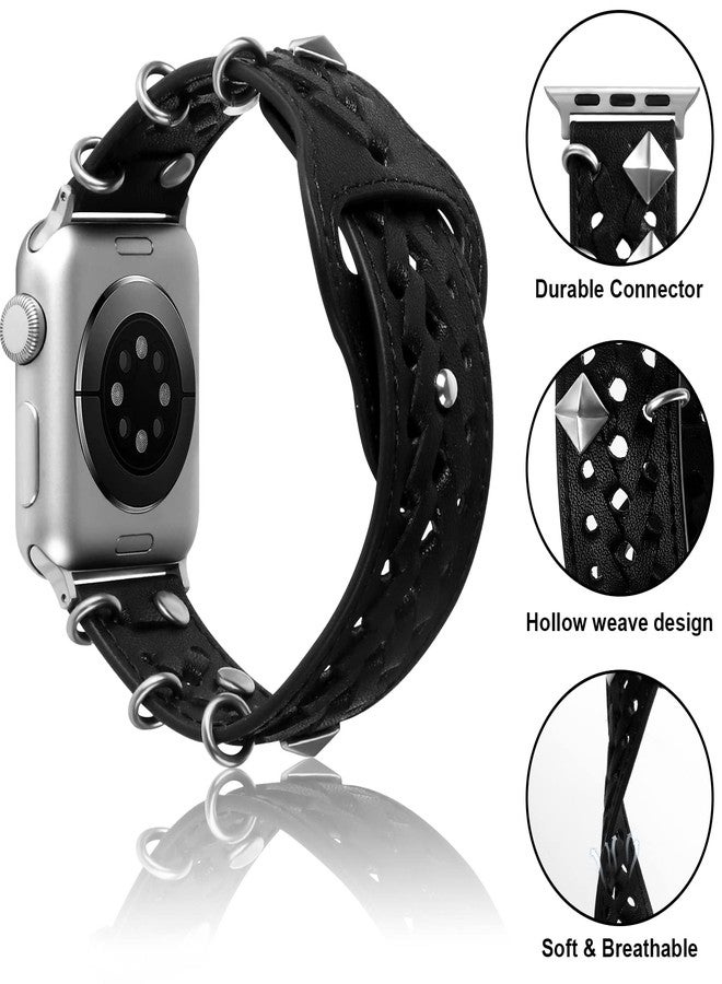 VIQIV Leather Band Compatible with Apple Watch Ultra Band 38mm 41mm 40mm for Women Men, Hollow-out Woven Rivets Bracelet Designer Wristbands Smartwatch Strap for iWatch Series SE 8 7 6 5 4 3 2 - Image 4
