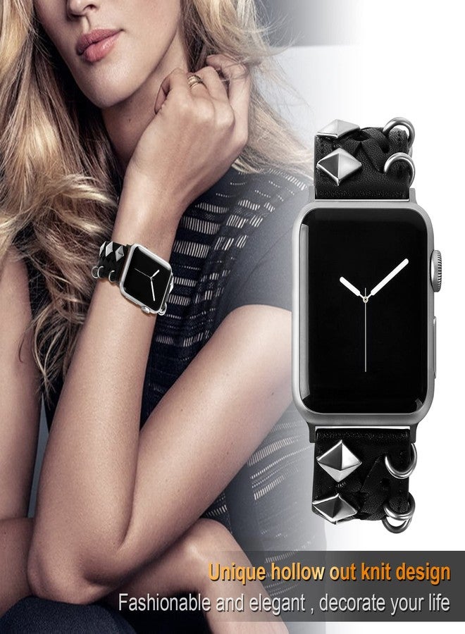 VIQIV Leather Band Compatible with Apple Watch Ultra Band 38mm 41mm 40mm for Women Men, Hollow-out Woven Rivets Bracelet Designer Wristbands Smartwatch Strap for iWatch Series SE 8 7 6 5 4 3 2 - Image 3