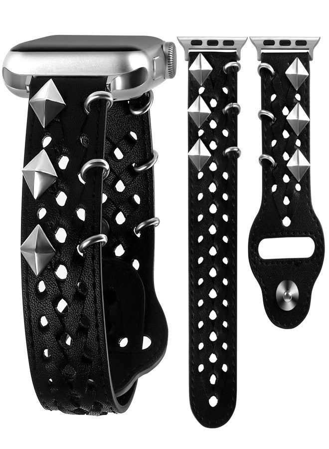 VIQIV Leather Band Compatible with Apple Watch Ultra Band 38mm 41mm 40mm for Women Men, Hollow-out Woven Rivets Bracelet Designer Wristbands Smartwatch Strap for iWatch Series SE 8 7 6 5 4 3 2 - Image 1