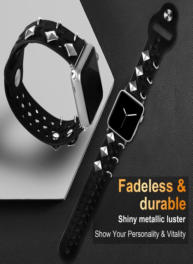 VIQIV Leather Band Compatible with Apple Watch Ultra Band 38mm 41mm 40mm for Women Men, Hollow-out Woven Rivets Bracelet Designer Wristbands Smartwatch Strap for iWatch Series SE 8 7 6 5 4 3 2 - Image 2