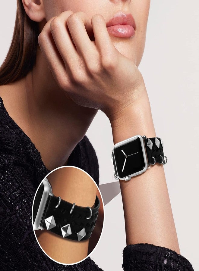 VIQIV Leather Band Compatible with Apple Watch Ultra Band 38mm 41mm 40mm for Women Men, Hollow-out Woven Rivets Bracelet Designer Wristbands Smartwatch Strap for iWatch Series SE 8 7 6 5 4 3 2 - Image 5