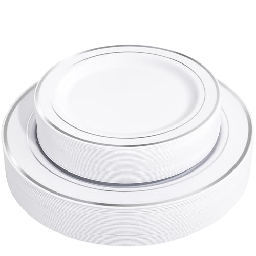 FLOWERCAT 60PCS Silver Plastic Plates Heavy Duty White and Silver Plastic Plates Disposable Include 30PCS 1025inch Dinner Plates and 30PCS 75inch Dessert Plates for WeddingNew YearBirthday - Image 2