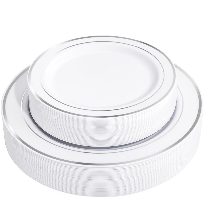 FLOWERCAT 60PCS Silver Plastic Plates Heavy Duty White and Silver Plastic Plates Disposable Include 30PCS 1025inch Dinner Plates and 30PCS 75inch Dessert Plates for WeddingNew YearBirthday - Image 1