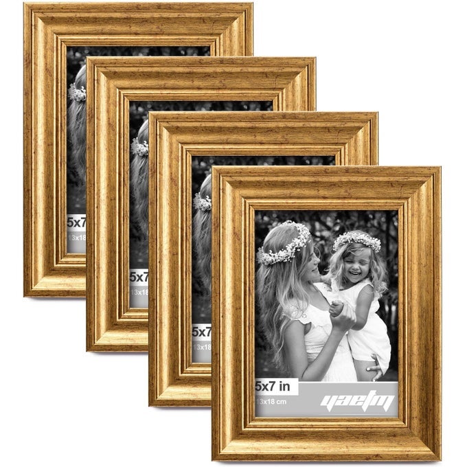 5X7 GOLD PICTURE FRAME SET OF 4 14 WIDE MOLDING RUSTIC GOLD PHOTO FRAMES 5 X 7 WITH HD TEMPERED GLASS DISPLAY ON TABLETOP WALL MOUNTING 4 PACK