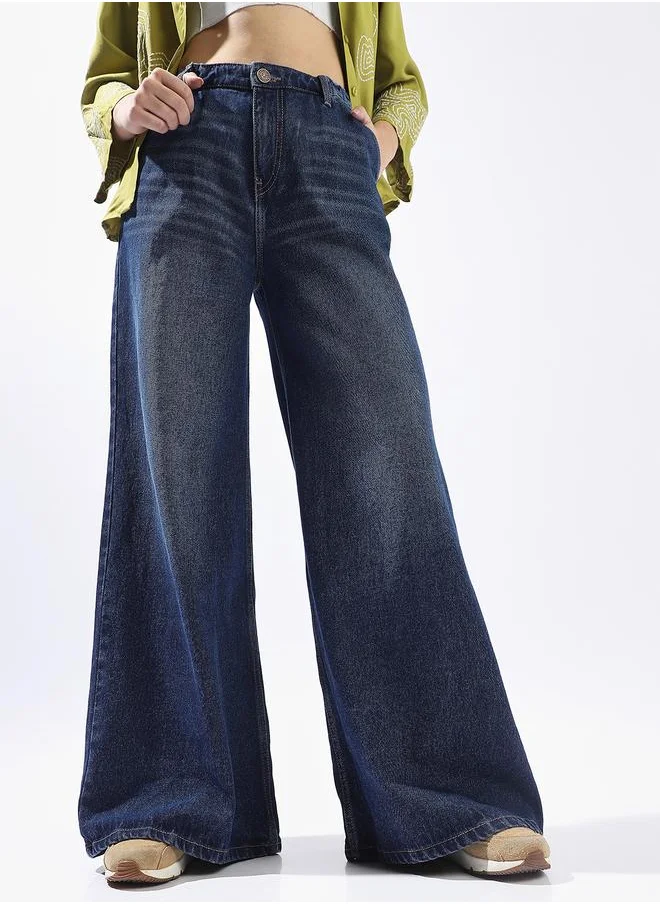 هاي ستار Indigo Wide Leg Jeans for Women Wide Leg Fit 100% Cotton Button Closure