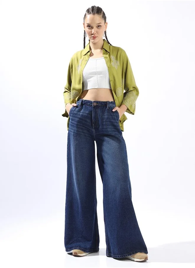 هاي ستار Indigo Wide Leg Jeans for Women Wide Leg Fit 100% Cotton Button Closure
