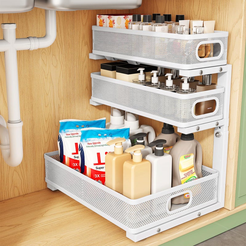 Kitstorack Under Sink Organizer, 1-Pack 3-Tier Height Adjustable Thickened Metal Pull out Cabinet Organizer Shelf, Slide out Storage Drawer Rack for Bathroom Kitchen Pantry Home Laundry Organization - Image 1