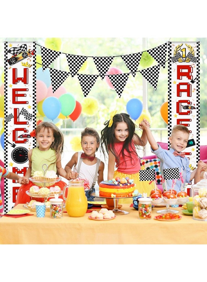 Blulu 2 Pcs Race Fans Banners Checkered Flag Hanging Banner Car Party Decoration Welcome Race Fan Sign for Indoor Outdoor Birthday School Event Baby Shower Supplies - Image 4