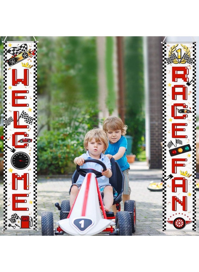 Blulu 2 Pcs Race Fans Banners Checkered Flag Hanging Banner Car Party Decoration Welcome Race Fan Sign for Indoor Outdoor Birthday School Event Baby Shower Supplies - Image 1