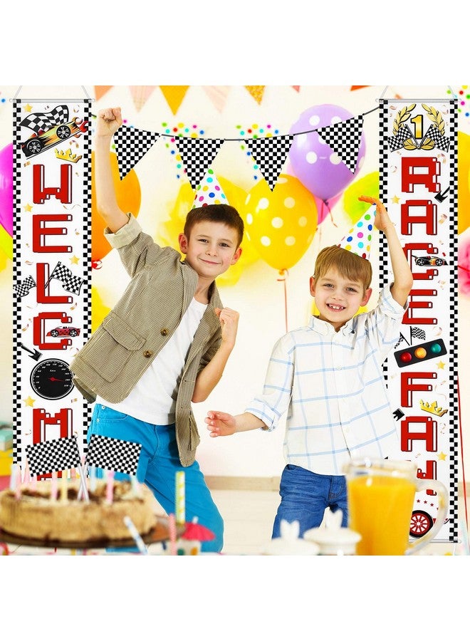Blulu 2 Pcs Race Fans Banners Checkered Flag Hanging Banner Car Party Decoration Welcome Race Fan Sign for Indoor Outdoor Birthday School Event Baby Shower Supplies - Image 5