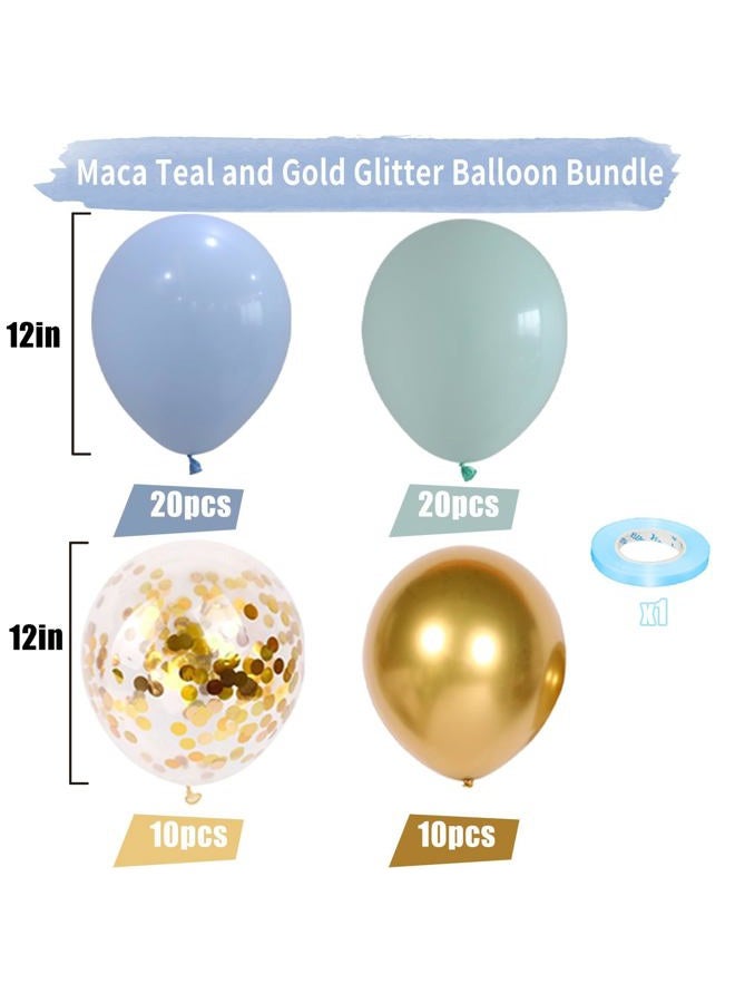 JOBKOO Blue and Green Balloons, 60 PCS Light Blue Mint Green Balloon Set with Gold Confetti Metallic Gold Balloons, 12 Inch Baby Pastel Blue Light Green Balloons for Baby Shower Birthday Party Decorations - Image 2