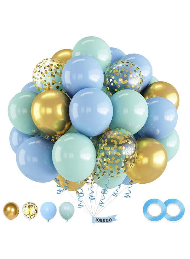 JOBKOO Blue and Green Balloons, 60 PCS Light Blue Mint Green Balloon Set with Gold Confetti Metallic Gold Balloons, 12 Inch Baby Pastel Blue Light Green Balloons for Baby Shower Birthday Party Decorations - Image 1