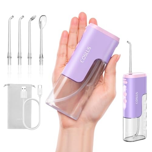 COSLUS Mini Water Flosser for Travel: Portable Compact Design, Cordless Oral Irrigator with 4 Jet Tips, Removable Tank & IPX7 Waterproof for Braces, Sensitive Teeth & On-The-Go Use, Pink Purple, T40 - Image 1
