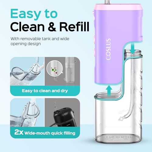 COSLUS Mini Water Flosser for Travel: Portable Compact Design, Cordless Oral Irrigator with 4 Jet Tips, Removable Tank & IPX7 Waterproof for Braces, Sensitive Teeth & On-The-Go Use, Pink Purple, T40 - Image 5