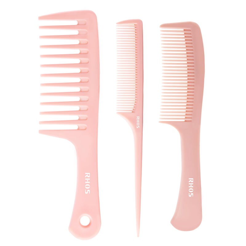 RHOS 3 Pieces Hair Comb Set for WomenMenWide Tooth CombFine Tooth Rat Tail CombMedium Tooth CombDetangling Hair Combs for All Hair TypesHair Styling Comb SetPink
