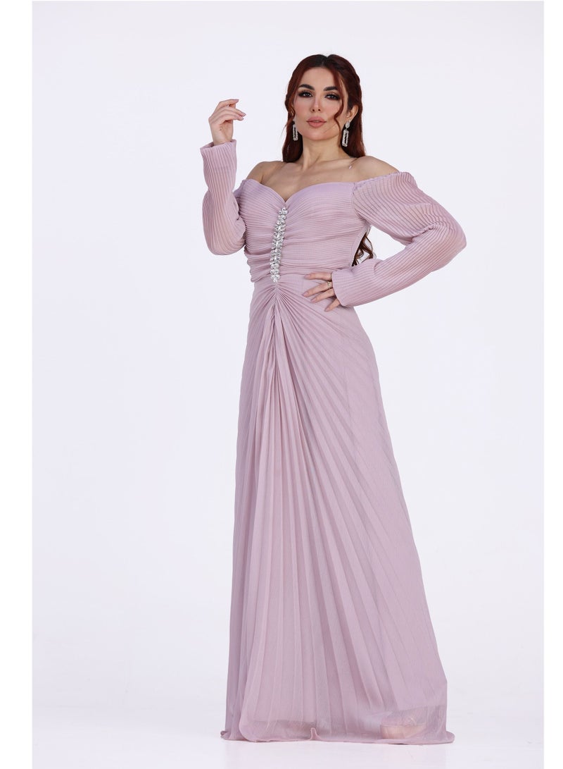 Modern Design A classic evening dress, this dress is characterized by an elegant design, as it comes with long sleeves, and features a fixed crystal in the chest, which gives the dress beauty over all dresses that  - Image 2