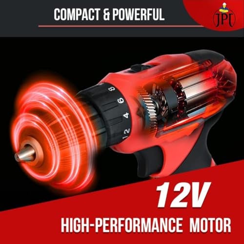 JPT 12-volt Multi-Tasking 3/8-inch Keyless Chuck Cordless Drill Machine | 24 Nm Torque | 1350 RPM Speed | 2 Speed Gear | 18+1 Clutch | 1500mAh Battery | Fast Charger | 24-Piece Bits & Sockets - Image 2