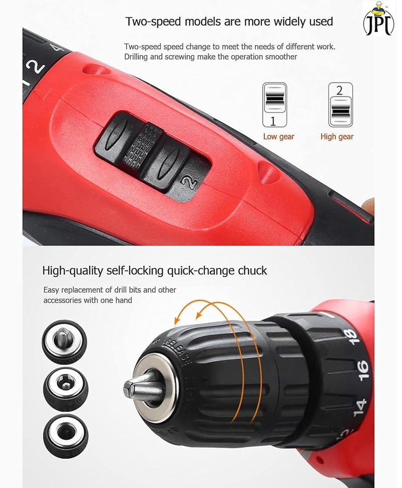 JPT 12-volt Multi-Tasking 3/8-inch Keyless Chuck Cordless Drill Machine | 24 Nm Torque | 1350 RPM Speed | 2 Speed Gear | 18+1 Clutch | 1500mAh Battery | Fast Charger | 24-Piece Bits & Sockets - Image 5