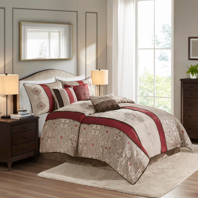 madison park Madison Park Comforter Faux SilkTraditional Luxurious Jacquard Design All Season Set Matching Bed Skirt Decorative Pillows Queen90x90 Red 7 Piece 