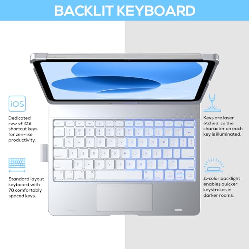 typecase Touch iPad 11th 10th Generation Case with Keyboard (11" 2025, A16 & 10.9" 2022) – 360° Rotatable, 11-Color Backlit, Multi-Touch Trackpad, Pencil Holder, Thin & Light – Silver - Image 3