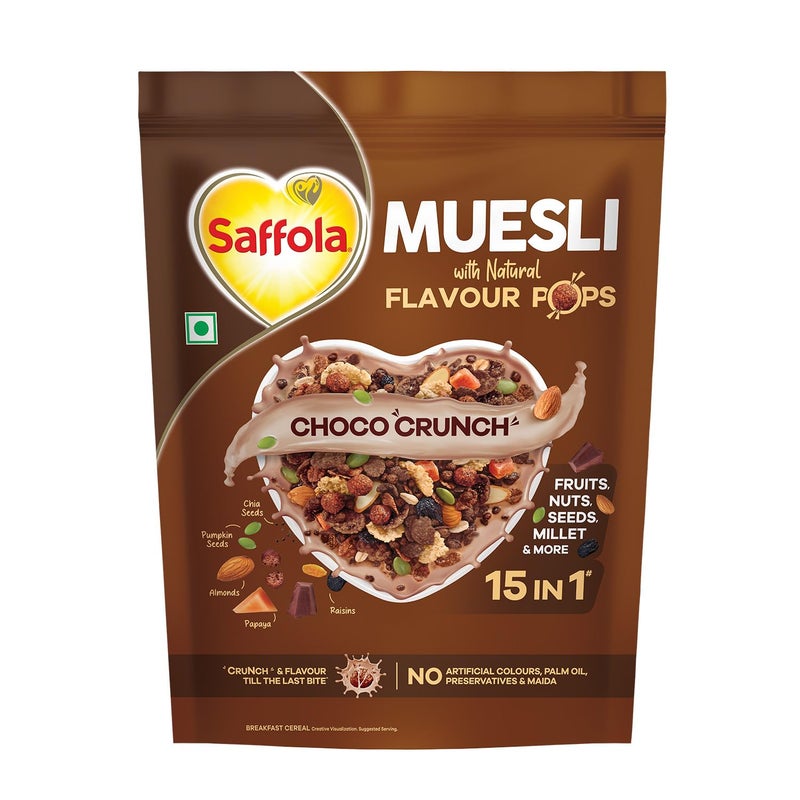 Saffola Muesli Choco Crunch with Flavour Pops, 450 gm | 15 in 1 Fruit and Nuts, Seeds, Millet & more | Cereals for breakfast rich in wholegrain, protein, fibre - Image 1