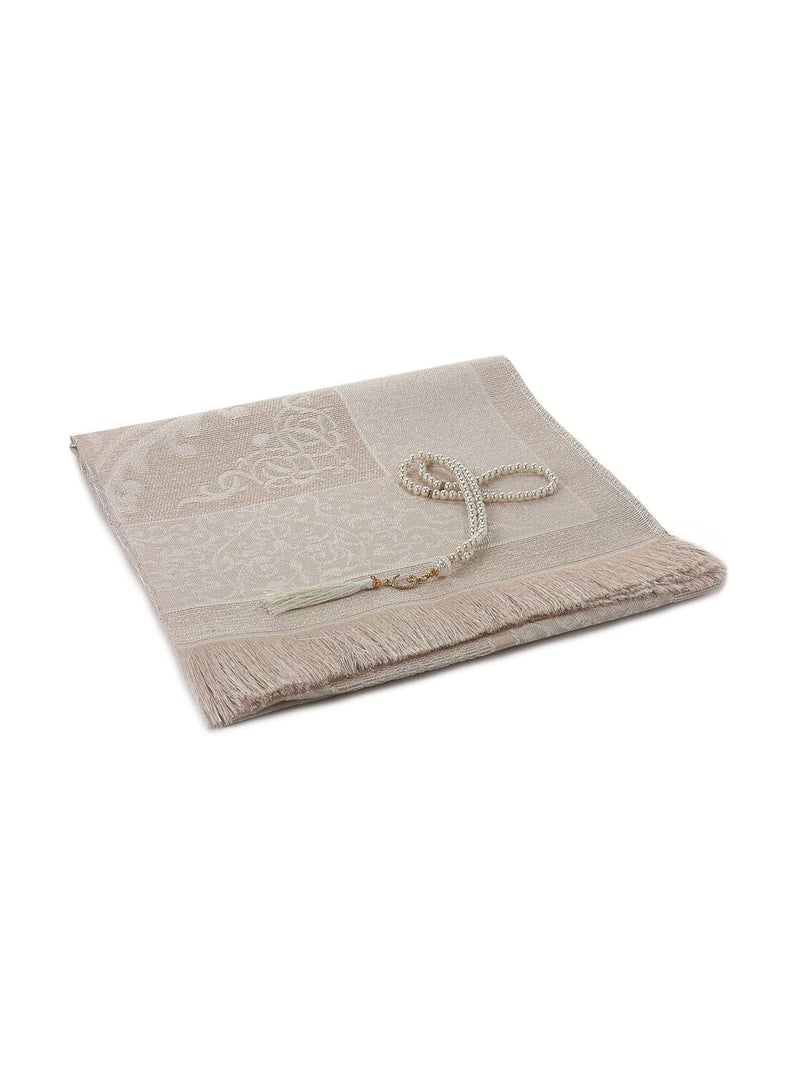 Muslim Prayer Rug and Beads with Elegant Slub Fabric Bag | Janamaz | Sajadah | Soft Islamic Prayer Rug | Islamic Gifts | Prayer Carpet Mat, Taffeta Fabric, Ecru - Image 2