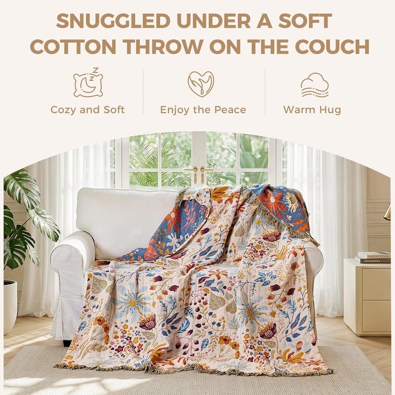 LUTBM Boho Throw Blanket with Florals & Leaves Embroidery - Reversible Double Sided,Lightweight Cotton Gauze Throws for Couch,Bed,Sofa & Chair Decor - Bohemian Living Room Accent Gift 60"x80" - Image 4