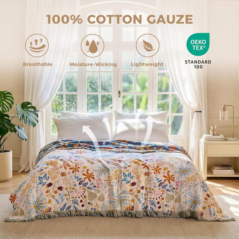 LUTBM Boho Throw Blanket with Florals & Leaves Embroidery - Reversible Double Sided,Lightweight Cotton Gauze Throws for Couch,Bed,Sofa & Chair Decor - Bohemian Living Room Accent Gift 60"x80" - Image 2