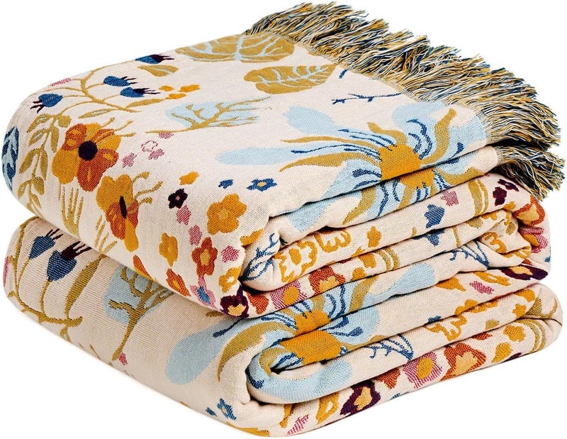 LUTBM Boho Throw Blanket with Florals & Leaves Embroidery - Reversible Double Sided,Lightweight Cotton Gauze Throws for Couch,Bed,Sofa & Chair Decor - Bohemian Living Room Accent Gift 60"x80" - Image 1