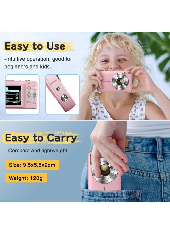 SUKILO Digital Camera 44MP FHD 1080P with 16X Digital Zoom 32GB Card Included Compact Portable Lightweight Kids Beginners Camera with Anti-Shake Face Detection Video Recording Pink  - Image 3
