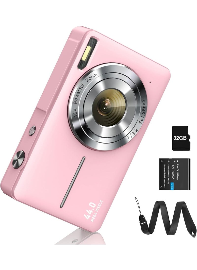 SUKILO Digital Camera 44MP FHD 1080P with 16X Digital Zoom 32GB Card Included Compact Portable Lightweight Kids Beginners Camera with Anti-Shake Face Detection Video Recording Pink  - Image 1