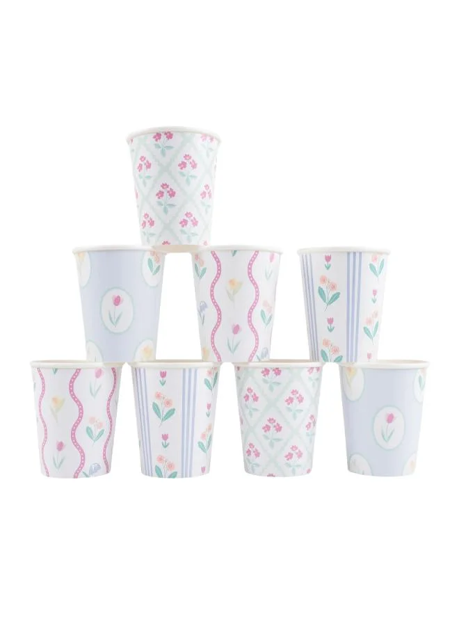 Bloomsbury Floral Pattern Cups - Pack of 8, Hot & Cold Drink Paper Cups with 4 Soft Pastel Floral Designs, Stylish Party Tableware for Garden Parties, Baby Showers & Celebrations