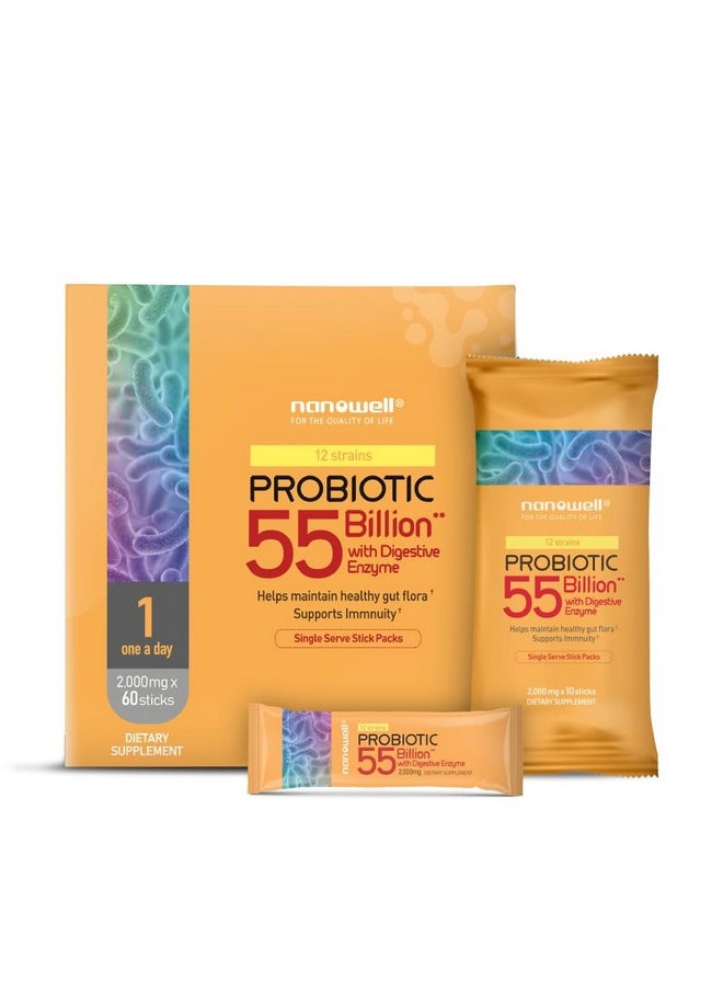 NANOWELL - NANOWELL 12 Strains Probiotic 55 Billion CFU with Digestive Enzymes Powder - Immune Support, Gut Health, Probiotics, Prebiotics & Postbiotics - 60 Sticks, 60 Day Supply - Image 1