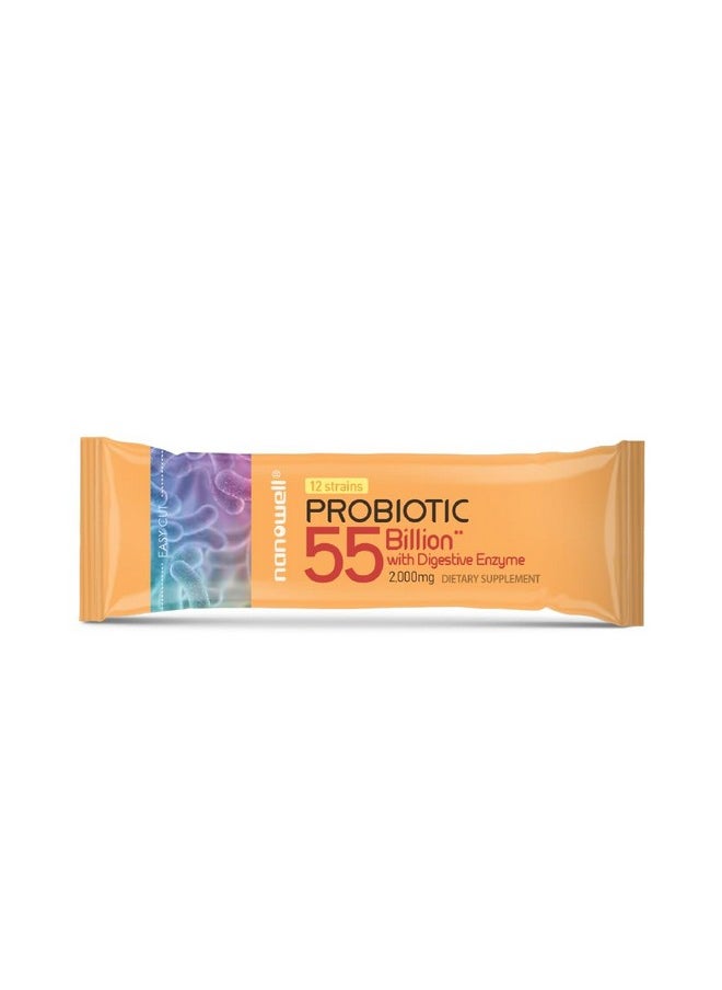 NANOWELL - NANOWELL 12 Strains Probiotic 55 Billion CFU with Digestive Enzymes Powder - Immune Support, Gut Health, Probiotics, Prebiotics & Postbiotics - 60 Sticks, 60 Day Supply - Image 1