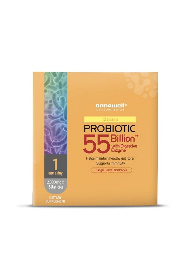 NANOWELL - NANOWELL 12 Strains Probiotic 55 Billion CFU with Digestive Enzymes Powder - Immune Support, Gut Health, Probiotics, Prebiotics & Postbiotics - 60 Sticks, 60 Day Supply - Image 1