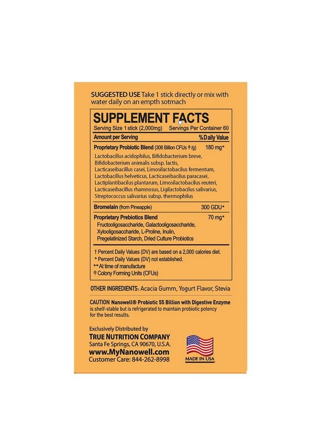 NANOWELL - NANOWELL 12 Strains Probiotic 55 Billion CFU with Digestive Enzymes Powder - Immune Support, Gut Health, Probiotics, Prebiotics & Postbiotics - 60 Sticks, 60 Day Supply - Image 1