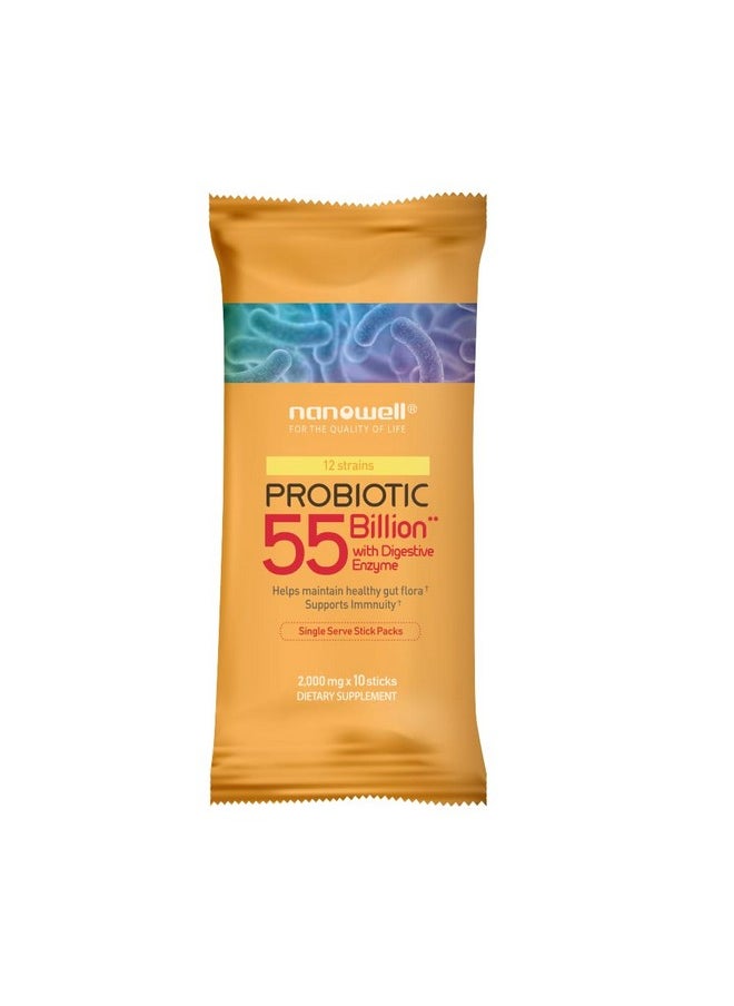 NANOWELL - NANOWELL 12 Strains Probiotic 55 Billion CFU with Digestive Enzymes Powder - Immune Support, Gut Health, Probiotics, Prebiotics & Postbiotics - 60 Sticks, 60 Day Supply - Image 1