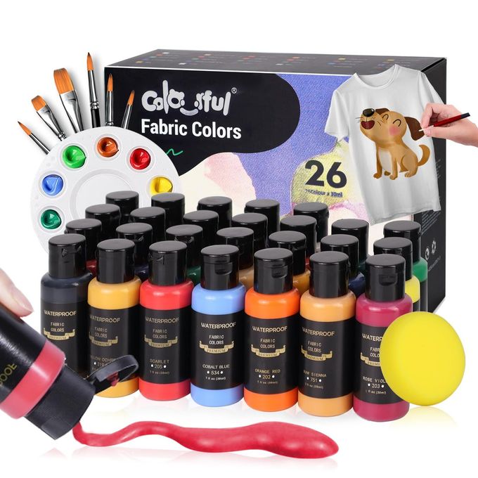 Colorful Fabric Paint Set with 6 Brushes, 1 Palette, 26 Colors Waterproof Permanent Textile Painting Kit for Adults to Arts on Clothes, Shoes, and Canvases - Image 1