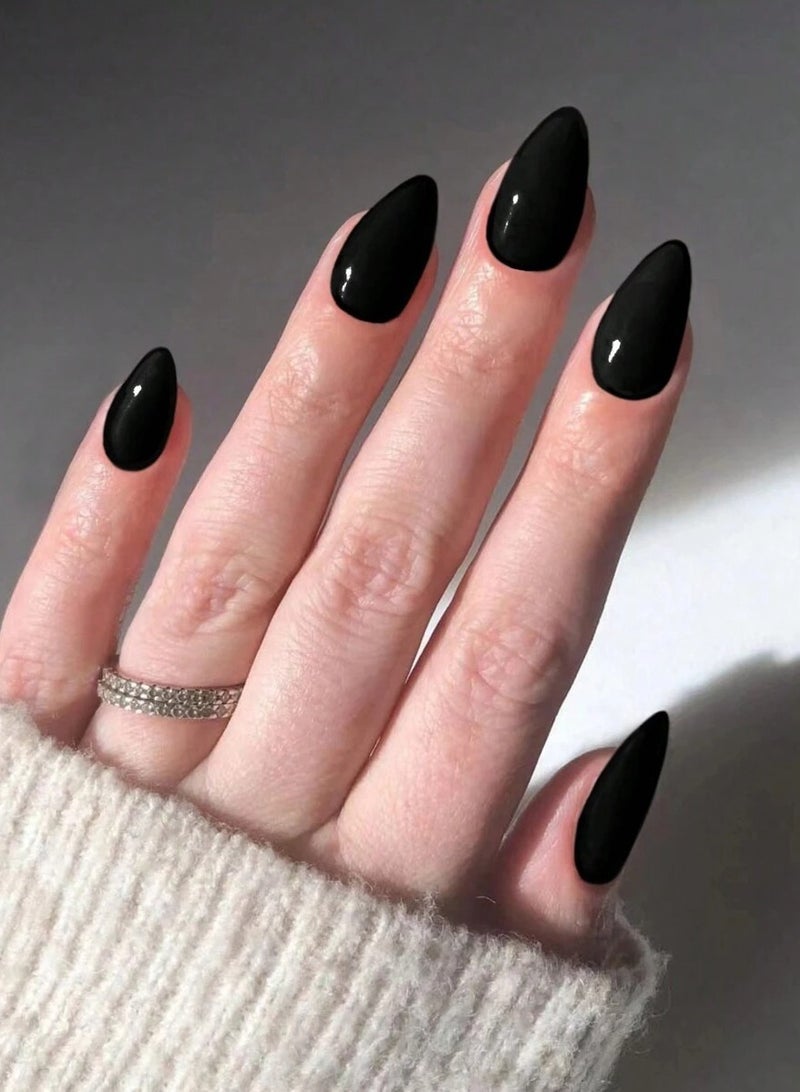 Elegant Black Almond-Shaped Press-On Nails - 30 Pieces - Image 1