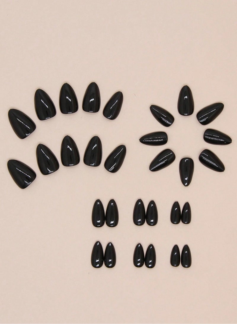 Elegant Black Almond-Shaped Press-On Nails - 30 Pieces - Image 3