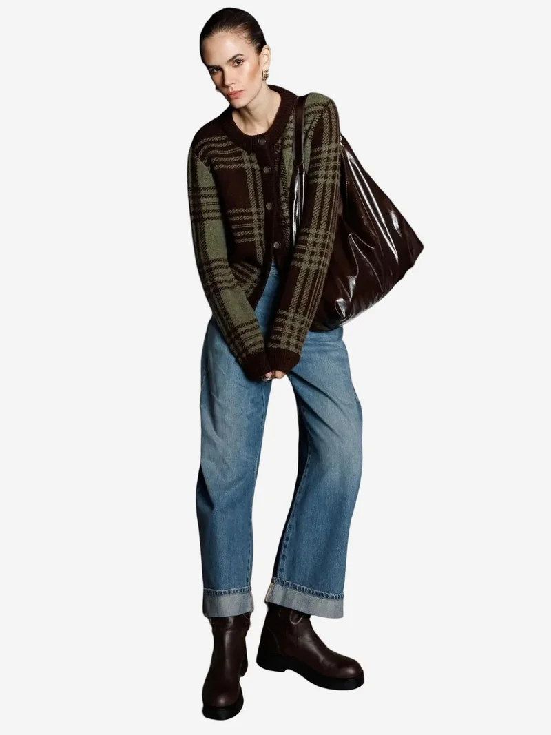 ميكسراي MIXRAY Plaid Checkered Knit Cardigan with Button Closure