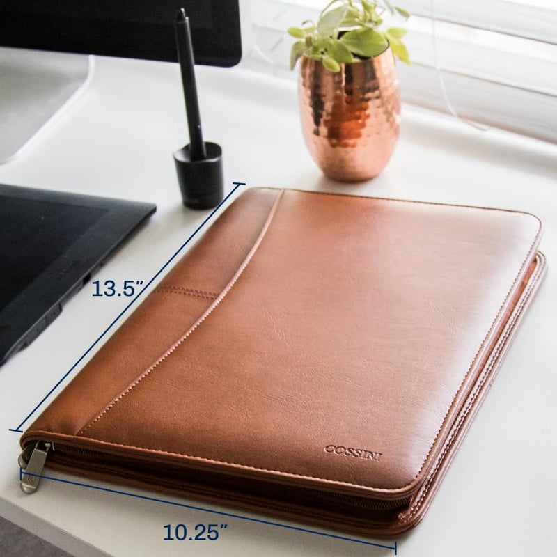 Cossini Premium Business Portfolio with Zipper – Padfolio - Superior Business Impressions Begin with PU Vegan Leather, 10.1 Inch Tablet Sleeve, Smart Storage, Solar Calculator, Writing Pad - Tan - Image 4