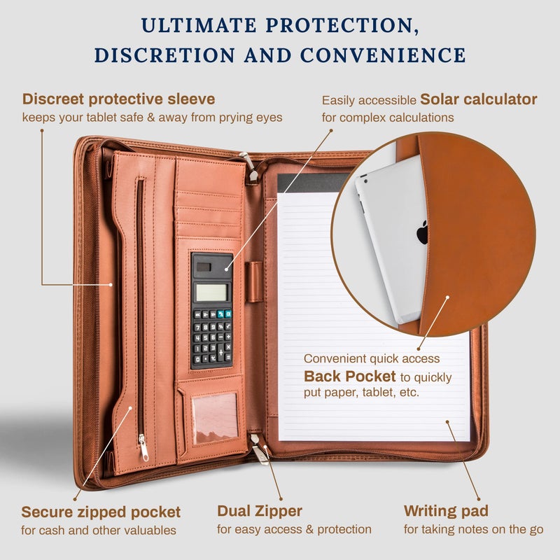 Cossini Premium Business Portfolio with Zipper – Padfolio - Superior Business Impressions Begin with PU Vegan Leather, 10.1 Inch Tablet Sleeve, Smart Storage, Solar Calculator, Writing Pad - Tan - Image 3
