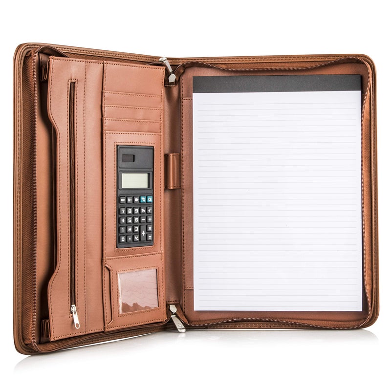 Cossini Premium Business Portfolio with Zipper – Padfolio - Superior Business Impressions Begin with PU Vegan Leather, 10.1 Inch Tablet Sleeve, Smart Storage, Solar Calculator, Writing Pad - Tan - Image 1