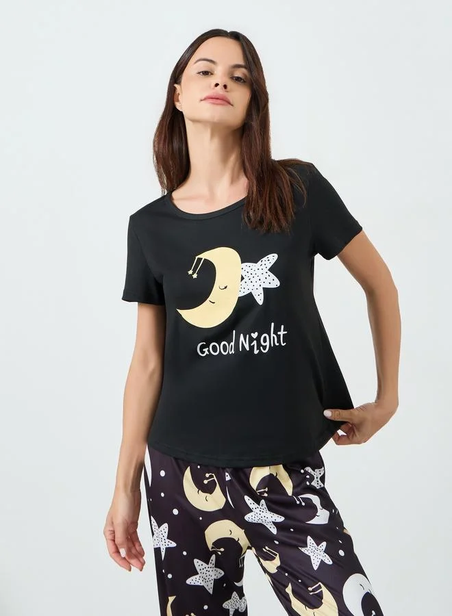 Take Two Black Star Moon Print T-Shirt and Pyjama Set