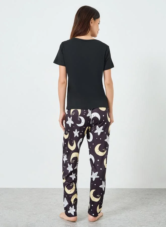 Take Two Black Black Star Moon Print T-Shirt and Pyjama Set for Women | Best Price UAE