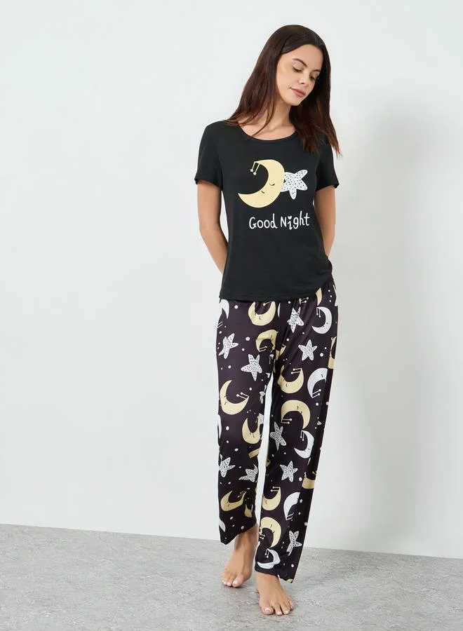 Take Two Black Star Moon Print T-Shirt and Pyjama Set