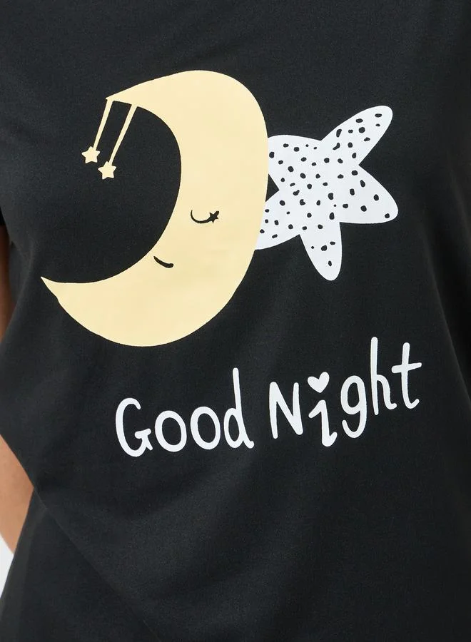 Take Two Black Black Star Moon Print T-Shirt and Pyjama Set for Women | Best Price UAE
