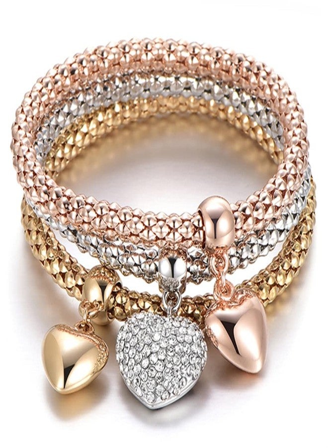 SILANER Crystal Charms Multilayer Bracelets - 3PCS Gold/Silver/Rose Gold Corn Chain Bracelet for Women, Tree of Life Heart Shaped Stretch Bracelet, 7.5 inches, Copper, crystal - Image 2